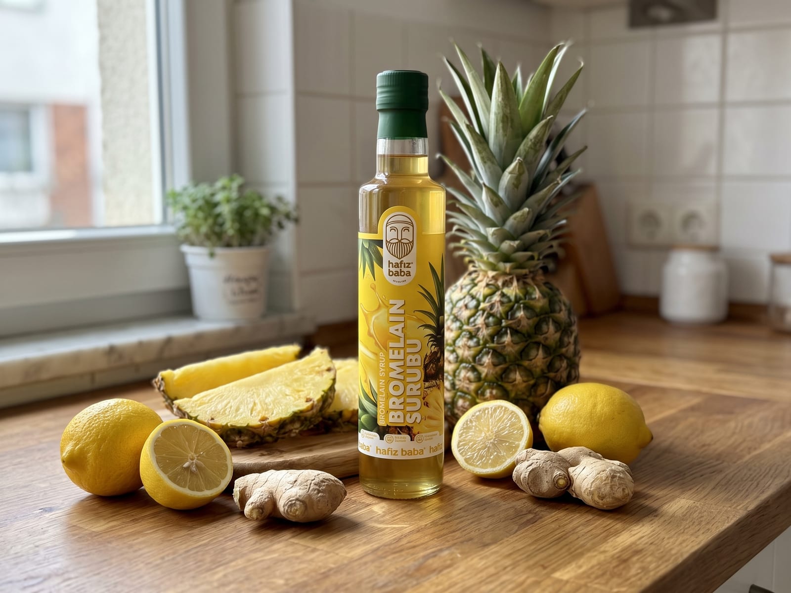 Ahşap tezgahta Hafızbaba Bromelain Şurubu şişesi yanında bütün ve dilimlenmiş ananas, limonlar ve taze zencefil.