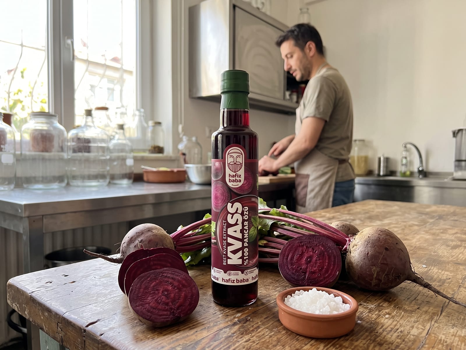 Ahşap masada Hafızbaba Kvass şişesi, taze kesilmiş kırmızı pancarlar, kaya tuzu ve arka planda hazırlık yapan usta
